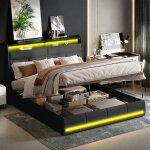 Lit coffre - rwudv - 160�200 cm - led int�gr�e - t�te de lit capitonn�e - rangement pneumatique