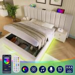 Lit coffre 160�200 cm avec led et chargement usb - c t�te de lit rembourr�e et �l�vateur hydraulique ...