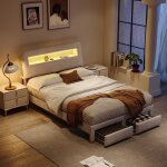Lit coffre 160�200 avec led et ports usbt�te de lit capitonn� avec �tag�res ouvertes et rangement cach� ...