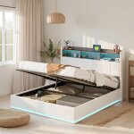 Lit coffre 160 x 200 cm lit 160x200 avec sommier lit double cadre de lit avec led et port usb blanc velours ...