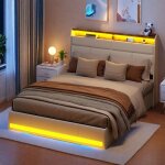 Lit coffre 160 x 200 cm - �clairage led (t�te et pied) - lit hydraulique avec rangement - tissu en pu ...