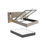 Lit coffre 160 x 200 cm avec t�te de lit et lampe int�gr�e - velours - taupe + matelas - sareto
