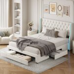 Lit coffre - 160 x 200 cm - velours beige - 3 tiroirs - t�te de lit avec led