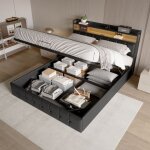 Lit coffre 160 x 200 avec led et ports usb lit 2 personnes avec t�te de lit et sommier cadre de lit pour ...