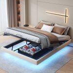 Lit coffre 160x200 - hofurni - beige - led - sommier à lattes - 250 kg de charge Lit coffre 160x200 - hofurni - beige - led - sommier à lattes - 250 kg de charge