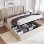 Lit 160x200 lit coffre lit double lit adulte style moderne t�te de lit design tissu en lin beige