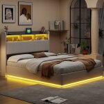 Lit coffre 160x200 blanc en velours avec rangement led ports usb type - c et vrin  gaz