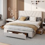 Lit double 160x200 en lin beige cadre de lit avec sommier � lattes dossier moelleux et tiroir de rangement ...
