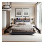 Lit double 160x200cm lit coffre 4 usb int�gr�s 4 tiroirs + t�te de lit rangement sommier � lattes lin ...