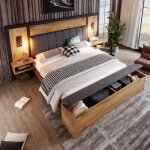 Lit coffre 160x200 cm en bois et lin avec table de chevet usb + type c et banc avec rangement lit double ...