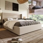 Lit coffre - nmonet - lit coffre 160x200 cm - tissu lin beige - sommier � lattes - coffre de rangement ...