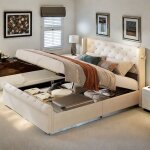 Lit coffre 160x200 cm avec lampe de lecture lit double avec sommier et port usb espace de rangement lit ...