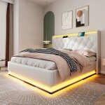 Lit coffre - marque - 160x200 cm - led 360 - tte de lit usb - c - simili cuir blanc