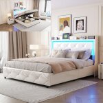 Lit coffre 160x200 cm - nmonet - 0f0420 - led - usb type c - tissu pu - blanc