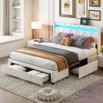 Lit coffre 160x200 cm - led - t�te de lit avec usb - 4 tiroirs - tissu en lin beige