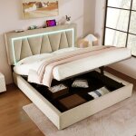 Lit coffre - 160x200 cm - led et usb type c - lit double - lin beige - t�te de lit r�glable - sommier ...