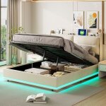 Lit coffre 160x200 cm velours beige avec led et port usb sommier � lattes t�te de lit