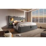 Lit coffre 160x200 cm en lin gris avec t�te ondul�e liseuse 360� et ports usb?c ? style moderne