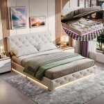 Lit coffre 160x200 cm - ravas - t�te de lit capitonn�e r�glable - �clairage led - blanc cass�