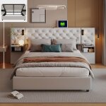 Lit coffre 160x200 cm lit rembourr avec lampe de lecture 2 tables de chevet tte de lit avec ports usb ...