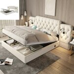 Lit coffre - langtu - 160x200 - velours beige - syst�me hydraulique - ports usb & lampes lecture