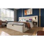 Lit coffre 160x200 cm en velours beige avec t�te rembourr�e et deux chevets liseuses usb / type?c ? style ...