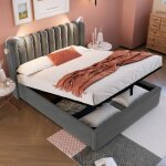 Lit coffre 160x200 cm en velours gris avec t�te design � panneau liseuse usb int�gr�e coffre � v�rins ...