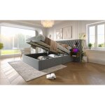 Lit coffre 160x200 cm en velours gris t�te rembourr�e et deux tables de chevet avec lampes et ports usb ...