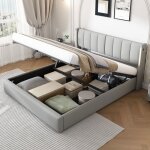 Lit cabane 160x200 cm - lit cabine en tissu gris �clairage led port usb rangement hydraulique pour chambre ...