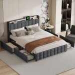 Lit coffre 160x200 gris en lin avec led et ports usb lit double avec 4 tiroirs de rangement lit adulte ...