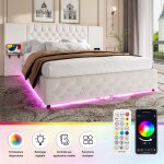 Lit coffre 160x200 avec led sommier tete de lit rembourr�e chevet suspendu multiprise usb velours beige ...