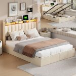 Lit coffre - noname - 160x200 cm - tissu velours blanc cassé - Éclairage led - sommier à lattes Lit coffre - noname - 160x200 cm - tissu velours blanc cassé - Éclairage led - sommier à lattes