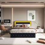 Lit coffre 160x200 - velours noir - led int�gr�e - m�canisme hydraulique silencieux - design moderne ...