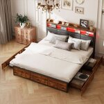 160x200cm double lit coffre en cuir artificiel cadre de lit avec base de latte led r�glable et 4 tiroirs ...