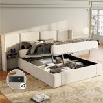 Lit�coffre�160x200�velours�beige�avec�sommier�t�te�de�lit�large�et�capitonn�e�lit�double�avec�table�de�chevet� ...