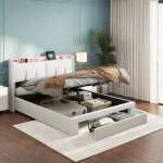 Lit 160 x 200 avec sommier lit double avec tiroirs et ports usb tte de lit cache rangement cadre de ...