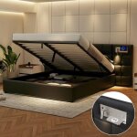 Lit coffre - langtu - 180x200 - pu noir capitonn� - port usb & charge sans fil - led int�gr�e