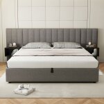 Lit coffre 180 x 200 cm avec grand dossier lit adulte avec sommier à lattes tissu en lin gris Lit coffre 180 x 200 cm avec grand dossier lit adulte avec sommier à lattes tissu en lin gris