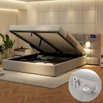 Lit coffre - langtu - 180 x 200 (queen) - rangement hydraulique - port usb & recharge sans fil - led ...