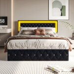 Lit coffre 180x200 cm - luminarix - lit double avec led - velours noir - design contemporain