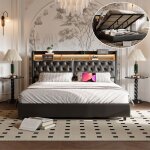 Lit coffre 180 x 200 cm avec rangement lit rembourr� avec led et usb type c hydraulique 2 personnes sommier ...