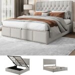 Lit coffre - langtu - lit double capitonn� - 180x200 cm - t�te 1025 cm - housse coton - lin gris clair ...