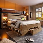 Lit coffre - langtu - n616p231722a - 180 x 200 cm - led int�gr�e & ports usb - c - bois massif ch�ne