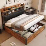 Lit coffre 180x200 cm en bois et m�tal noir t�te capitonn�e rembourr�e avec ports usb ? style r�tro industriel ...
