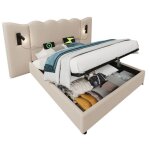 Lit coffre 180x200 cm avec lampe de lecture et fonction de charge avec sommier � lattes lin (sans matelas) ...
