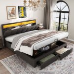 Lit coffre 180x200 cm avec led lit double avec t�te de lit de rangement et tiroirs sommier � lattes tissu ...