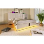 Lit coffre 180x200 cm en lin beige �clairage 360� ports usb - c m�canisme hydraulique ? structure bois ...
