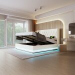 Lit coffre 180x200 cm en pu blanc avec t�te capitonn�e et �clairage led 3 c�t�s ? design classique