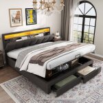 Lit coffre 180x200 cm avec sommier � lattes et led lit adulte avec t�te de lit de rangement et 2 tiroirs ...