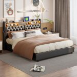 Lit coffre 180x200 cm avec t�te de lit rembourr�e et �clairage led lit double 2 personnes fabriqu� en ...